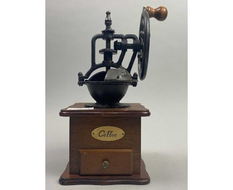 VINTAGE COFFEE GRINDER, along with a pair of brass candlesticks,brass kettle, brass stand and two table lamps