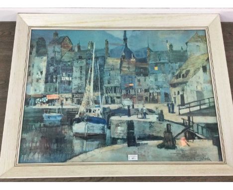 AFTER MAKOTO MASUDA,FRENCHMAN'S KEEP,print, framed and under glass, 71.5cm x 92.5cm, and another smaller print of a harbour s