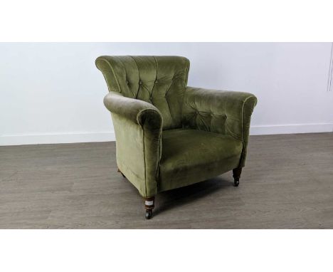 UPHOLSTERED BUTTON BACK ARMCHAIRCondition report: Height approx 75cm, depth approx 65cm, width 77.5cmSome wear to the upholst