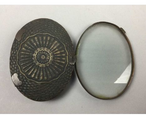 OVERSIZED MAGNIFYING GLASS,along with a Tony Weller brass caddy spoon, two treen games, a white metal purse, also a photograp