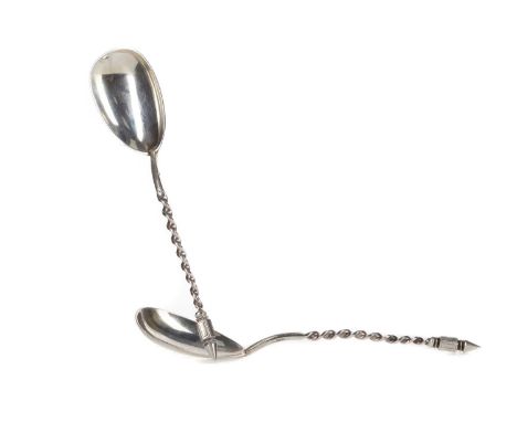 PAIR OF NORWEGIAN SILVER TEASPOONS,circa 1920s, by N.M Tune of Oslo, with spike finial over a twist stem and plain bowl, 13cm