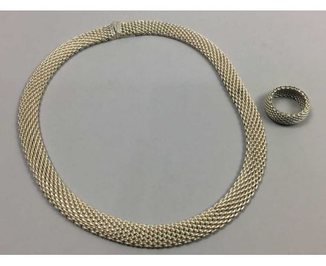 TIFFANY SILVER NECKLACE,along with a Tiffany silver ring (2)