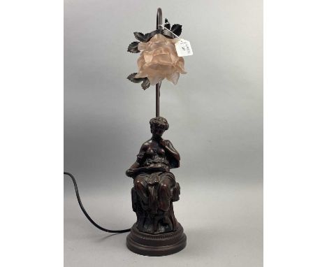 BRONZED RESIN SEATED FIGURAL LAMP,with frosted glass frilled shade, 58cm high