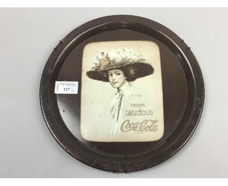 VINTAGE COCA COLA ADVERTISING TRAY,depicting the 'Hamilton King girl', 26.5cm diameter, along with two reproduction Alphonse 