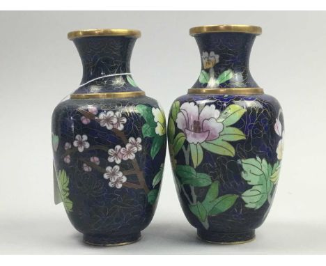 PAIR OF CHINESE CLOISONNE VASES,15cm high, along with a ceramic vase depicting a dragon, a square formed blue and white bowl 