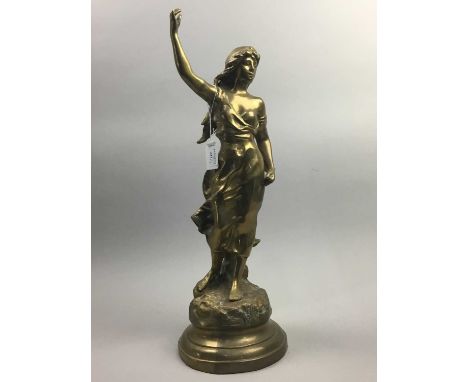 BRASS FIGURE OF A FEMALE,54cm high along with a Rhythm Transistor mantle clock (2)