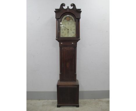 Early XIX Century Mahogany Oak Thirty Hour, White Dial (Savage Huddersfield) Longcase Clock, with a swan neck pediment, arche