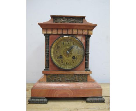 A Late XIX Century Rouge Marble and Gilt Metal Mantle Clock, of architectural form, the gilt circular dial inscribed J Barker