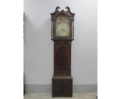 XIX Century Mahogany Eight Day White Dial Longcase Clock, hood with a swan neck pediment, arched door, trunk, with reeded pil