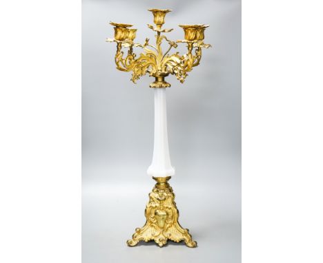 A 19th century ormolu and opaline glass five light candelabrum63cm