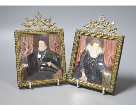 A pair of 19th century brass portrait miniatures on ivory of Henry V of France and Mary De Medici of Tuscany, both 10cm