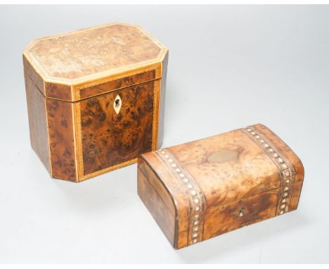 A George III burr yew and harewood, tulipwood and boxwood strung tea caddy, of octagonal form, 12.5cm and a small French yew 