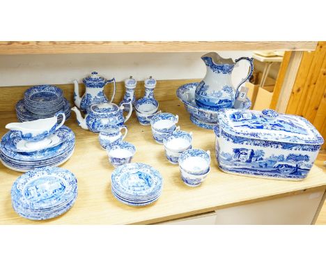 A Spode Italian design part service, including salt, pepper, tea and coffee pots, jug and basin etc.