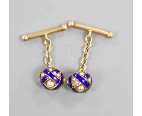 A pair of early 20th century yellow metal, blue enamel and split pearl set domed cufflinks (a.f.), 11mm, gross weight 7.2 gra