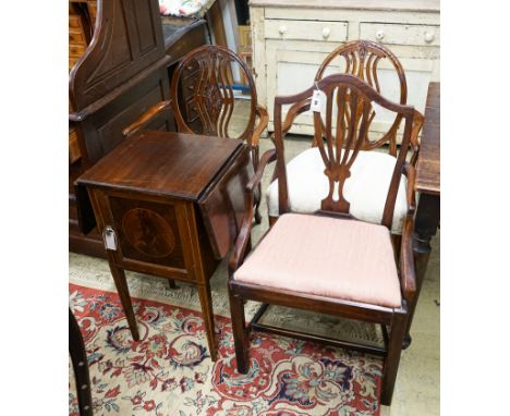 A pair of Hepplewhite style elbow chairs with oval backs, one other chair and a bedside commode cabinet (4)