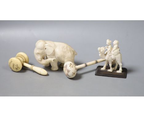 A Japanese Ivory okimono of an elephant, signed, an ivory gavel (incomplete) and two other Ivory carvings, 19th/early 20th ce