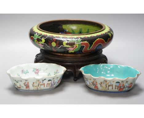 A large early 20th century Chinese cloisonné enamel ‘dragon’ bowl and two Chinese Tongzhi celadon ground famille rose bowls31