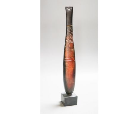 Peter Hayes (b.1946), a brown burnished raku ‘standing stone' sculpture, on a slate plinth38cm