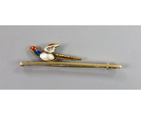 An Edwardian 15ct, baroque pearl and enamel pheasant bar brooch, 51mm, gross weight 4 grams.
