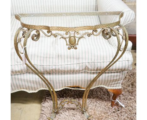 A mid 20th century gilt metal marble glass top console table, width 58cm, depth 23cm, height 74cm