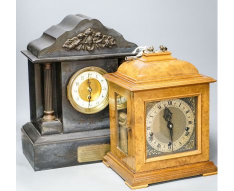 A walnut cased chiming bracket clock together with a slate mantle clock37cm