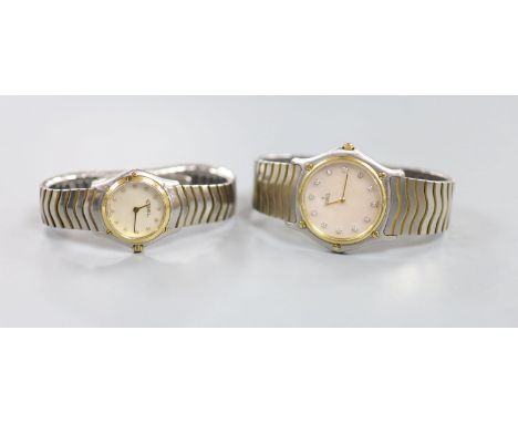 A lady's and gentleman's stainless steel and gold plated Ebel quartz wrist watches, with mother of pearl dials and diamond do