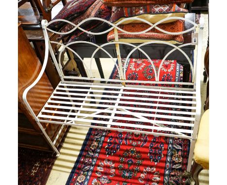 A painted wrought iron garden bench, length 102cm, depth 42cm, height 92cm
