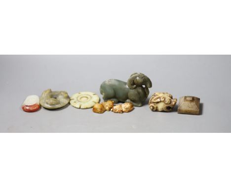 A group of Chinese archaistic jade and hardstone carvings, largest, 9cm (8)