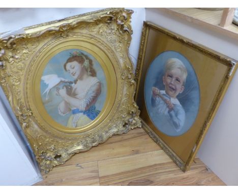 English School c.1900, overpainted print, Young woman with a dove, housed in a Victorian gilt gesso scroll frame, oval, 47 x 