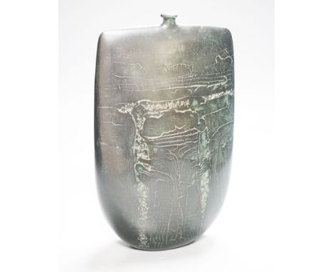 Peter Hayes (b.1946), a black raku glaze Bow form bottle,29cm