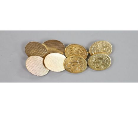 Two pairs of 9ct gold oval cufflinks, one engine turned, one with monogram,27.6 grams.