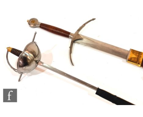 A replica Scottish type broad sword with leather scabbard, blade 93cm, and a rapier style sword with steel basket hilt, blade