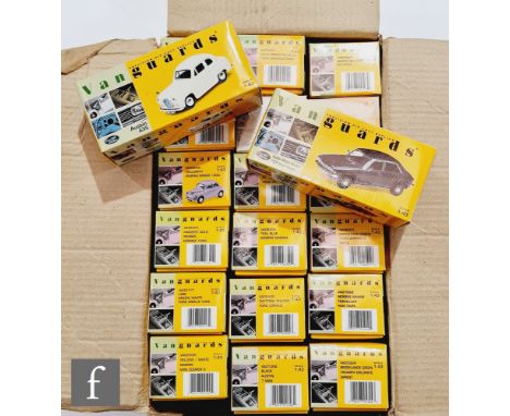 Twenty Lledo Vanguards 1:43 scale diecast model cars, to include Austin A35, Morris Oxford VI, Austin Mini 7, Ford Anglia 105