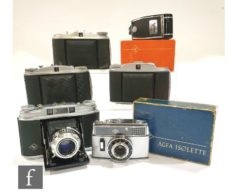 A collection of Agfa cameras, to include a Super Isolette, serial number UK1672, an Optima-Parat, three Isolettes, and an Agf