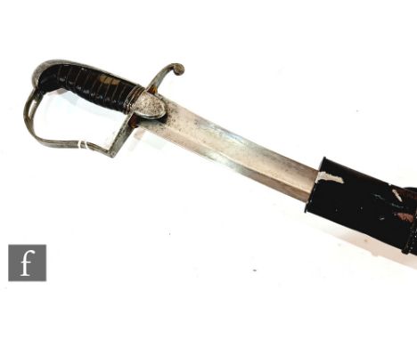 An early 19th Century calvary sabre, leather wire grip, blade 83cm, with later painted black scabbard. 