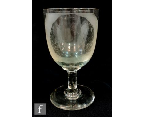 A 19th Century clear crystal drinking glass with ovoid bowl, plain stem and circular spread foot, decorated with a profile po