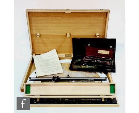 A late 20th Century French engineers protractor named Simpa by J Lejard Paris, white plastic arc with instructions, boxed, al