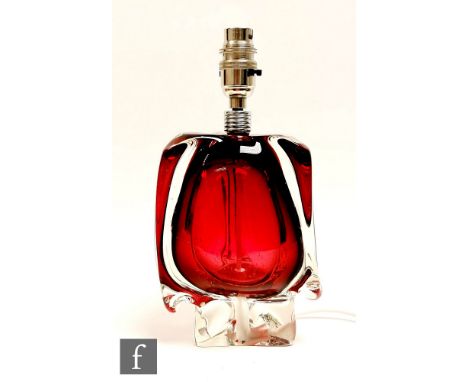 A later 20th Century Murano sommerso glass lamp, of swollen tri-form, ruby cased in clear, total height 17cm. 
