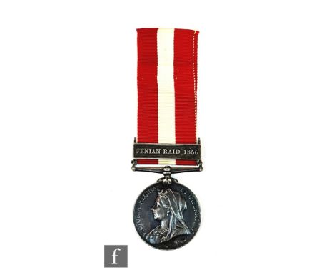 A Canada General Service Medal with Fenian Raid 1866 to Pte J. Robinson, Delaware R. Co. 