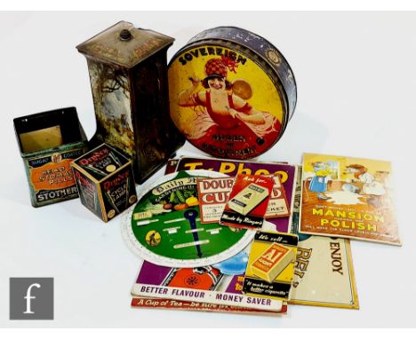 A collection of early to mid 20th Century advertising memorabilia, including biscuit tins to include a Victory V tin formed a