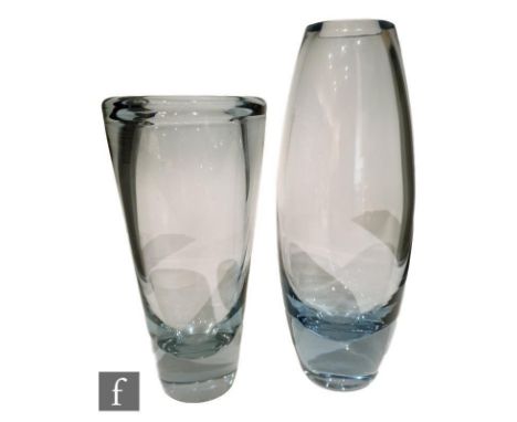 Two post war Holmegaard glass vases designed by Per Lutken, the first of swollen sleeve form, height 23cm, the other of conic