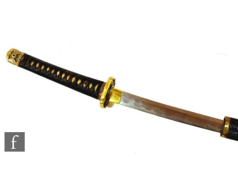 A 20th Century Samurai sword with shagreen leather bound grip, brass tsuba and watermark blade, length of blade 71cm, total l