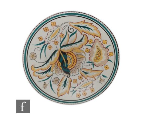 A later 20th Century Poole Pottery shallow bowl decorated in the traditional ZB pattern, printed mark and signed J. Rolfe, di