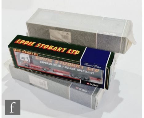 Five Corgi 1:50 scale Eddie Stobart diecast models, comprising 75702 MAN Refrigerated Box Trailer, CC12401 Volvo Globetrotter