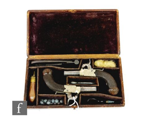 A cased pair of 19th Century percussion pocket pistols by Dooley Liverpool, engraved silvered actions fitted with folding tri