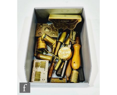 An apprentice brass money box in the form of a table with dot decoration, a brass box, also brass measuring tools, whist mark