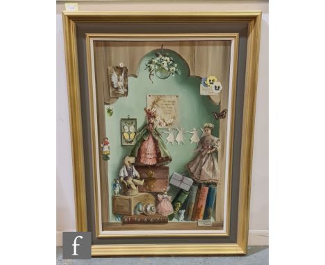 DEBORAH JONES (1921-2012) - 'Cupboard with Victorian doll and teddy bear', oil on canvas, signed, framed, 77cm x 51cm, frame 