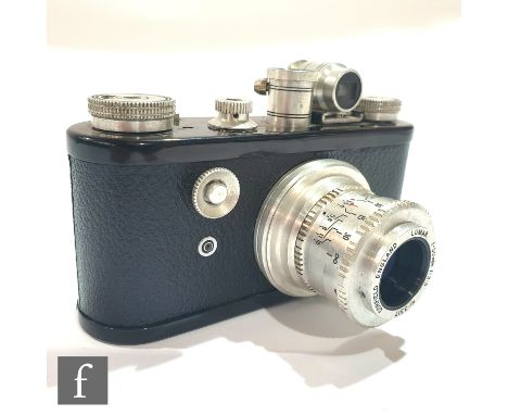 A 1954 Corfield Periflex I 35mm film camera, the black casing with Snap-on viewfinder and SLR-type rangefinder, with engraved