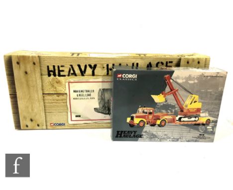 Two Corgi Heavy Haulage 1:50 scale diecast models, CC12007 Morris Leslie Ltd MAN King Trailer &amp; Reel Load, and 31010 Shor
