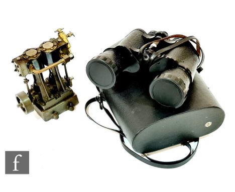 A Stuart two cylinder oscillating steam engine with single fly wheel and a pair of Mirage 10x50 binoculars. (2) 